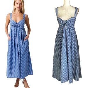 Olivaceous Saylor Blue White Striped Print Bow Cutout A-Line Midi Dress - M